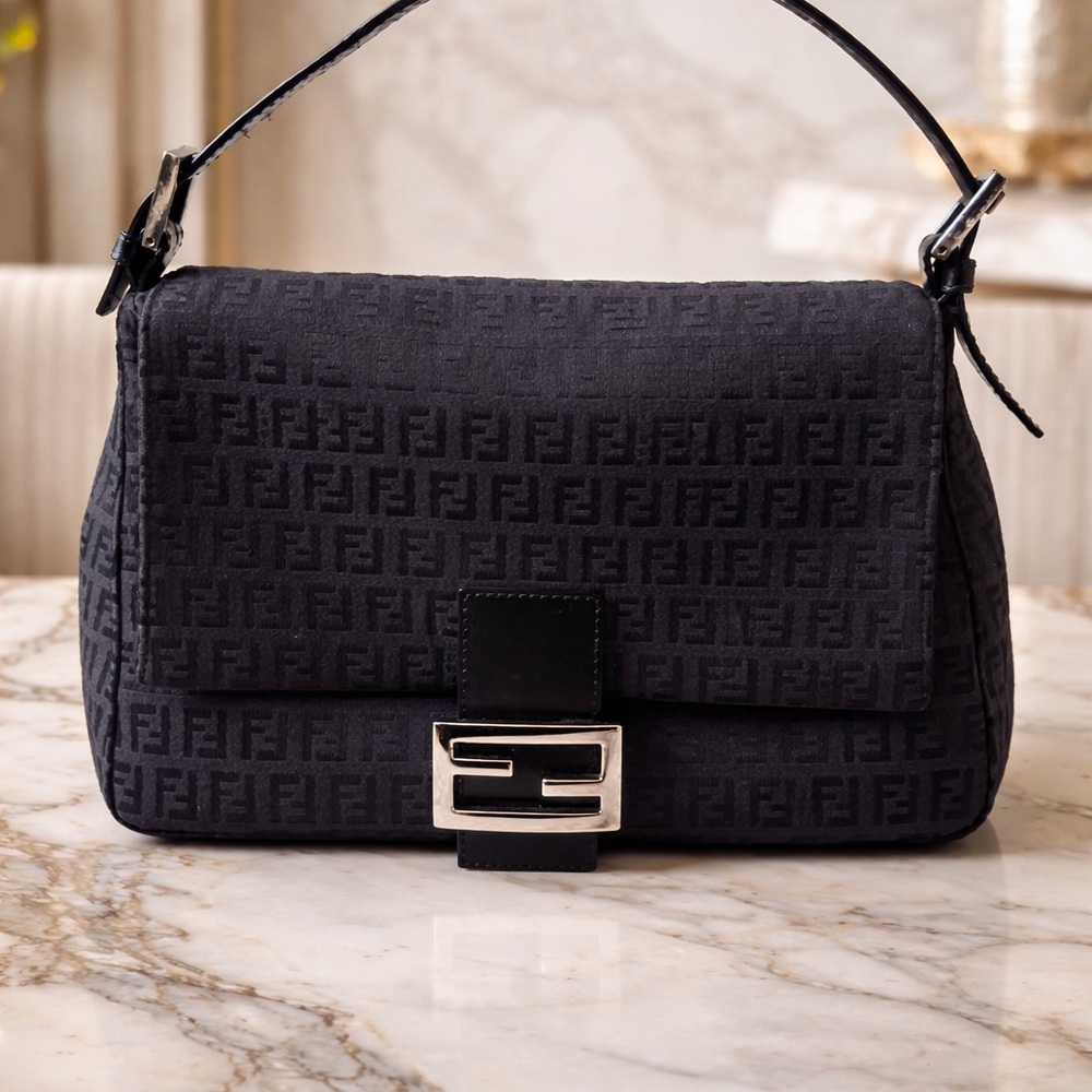 Fendi Black FF Jacquard Shoulder Baguette Bag